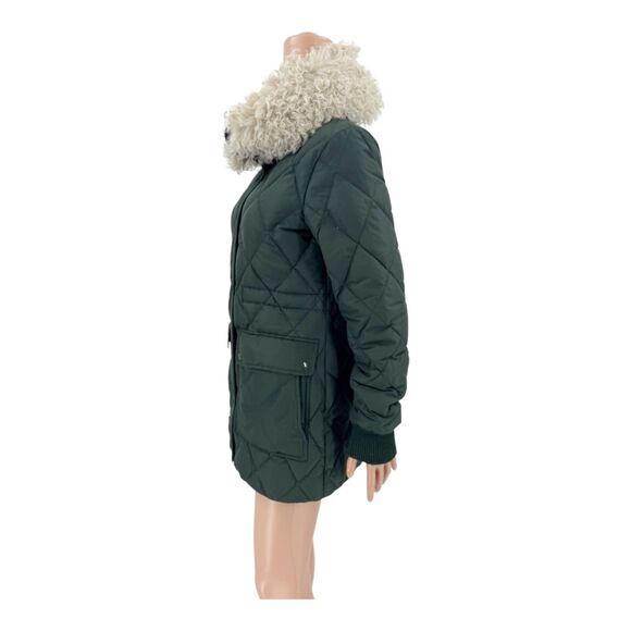 Theory Jacket Quilted Down Puffer Lamb Fur Trim Forest Green Size S - Picture 6 of 8